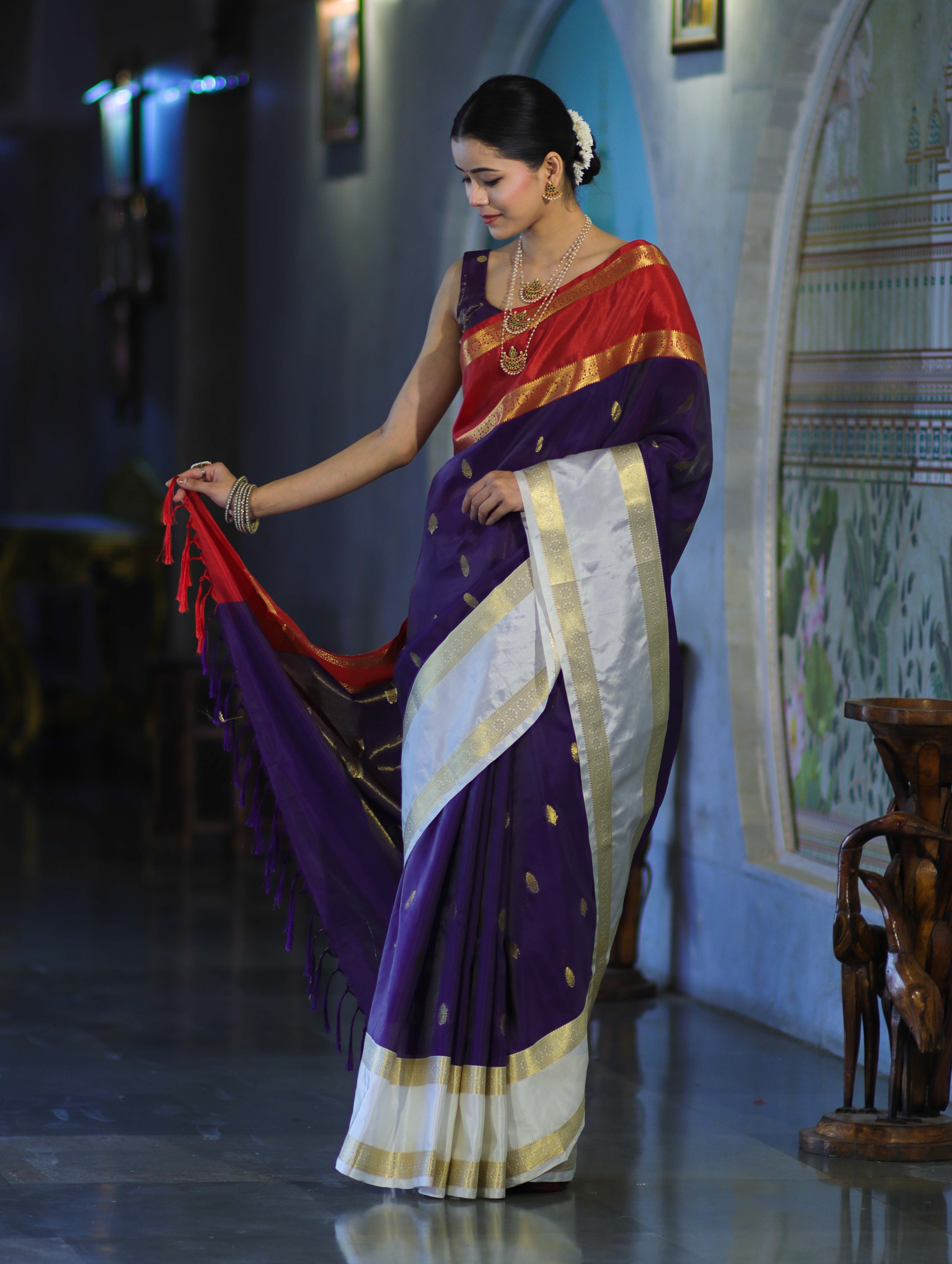 Banarasee Handloom Semi Silk Saree With Zari Buti Design & Contrast Border-Purple & White
