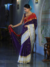 Banarasee Handloom Semi Silk Saree With Zari Buti Design & Contrast Border-Purple & White