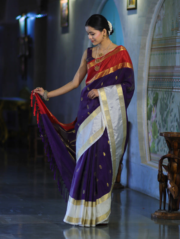 Banarasee Handloom Semi Silk Saree With Zari Buti Design & Contrast Border-Purple & White