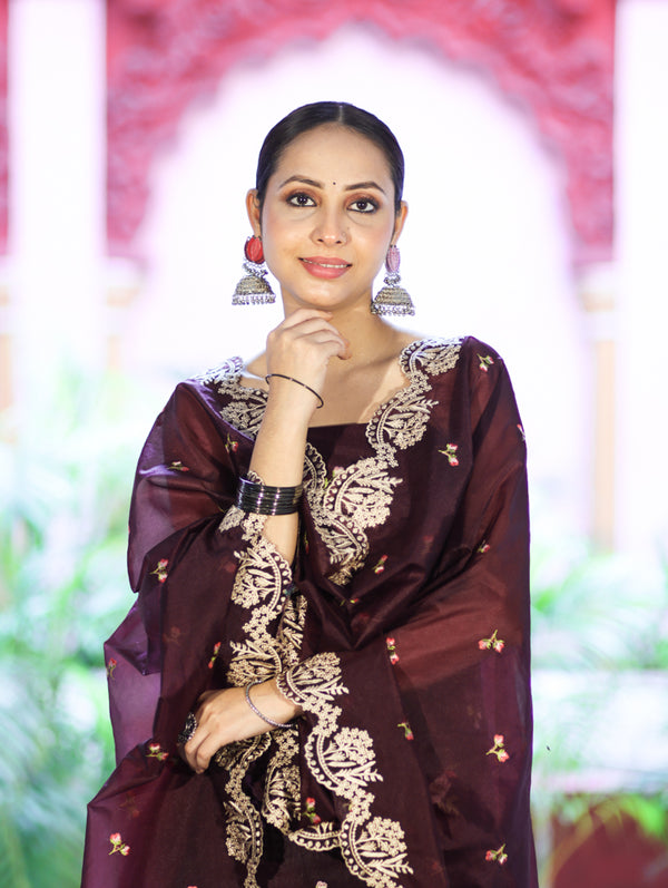 Banarasee Resham Embroidered Chanderi Salwar Kameez With Organza Dupatta Set-Wine