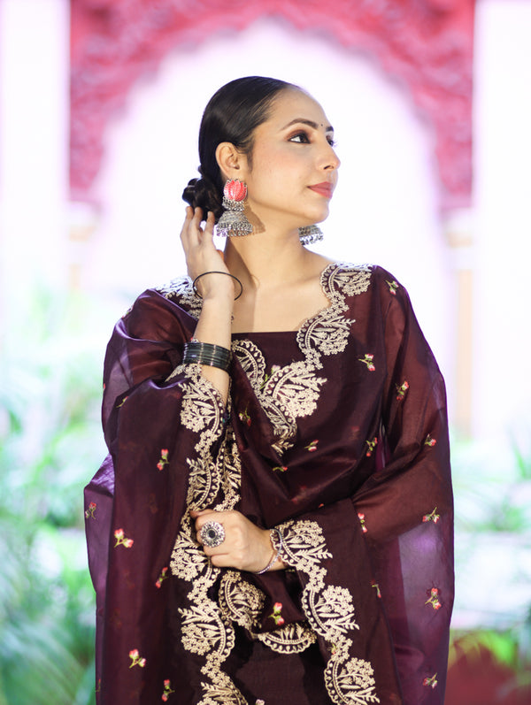 Banarasee Resham Embroidered Chanderi Salwar Kameez With Organza Dupatta Set-Wine