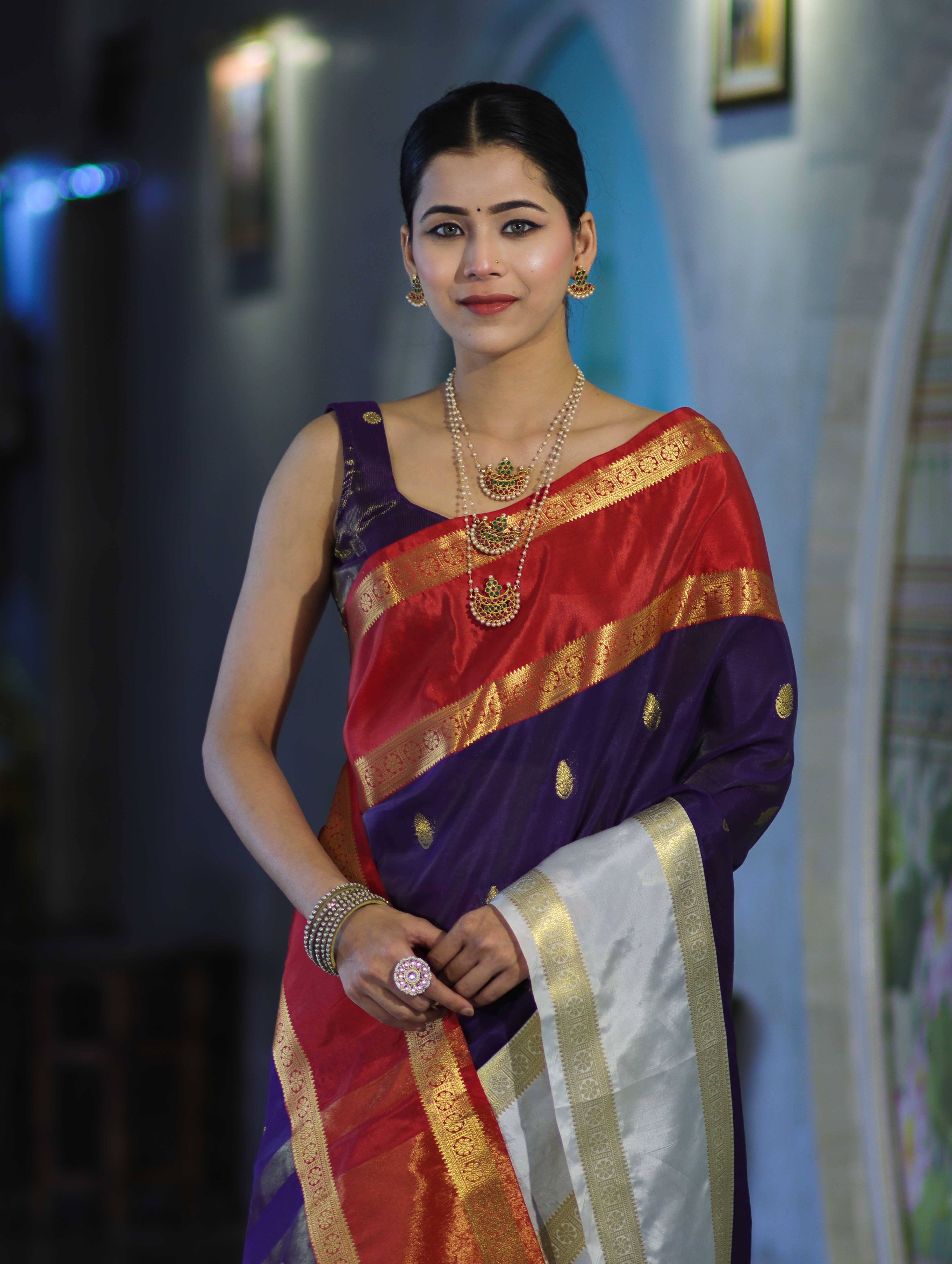 Banarasee Handloom Semi Silk Saree With Zari Buti Design & Contrast Border-Purple & White