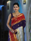 Banarasee Handloom Semi Silk Saree With Zari Buti Design & Contrast Border-Purple & White