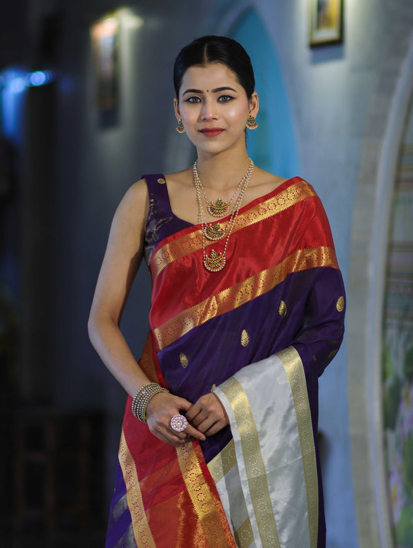 Banarasee Handloom Semi Silk Saree With Zari Buti Design & Contrast Border-Purple & White