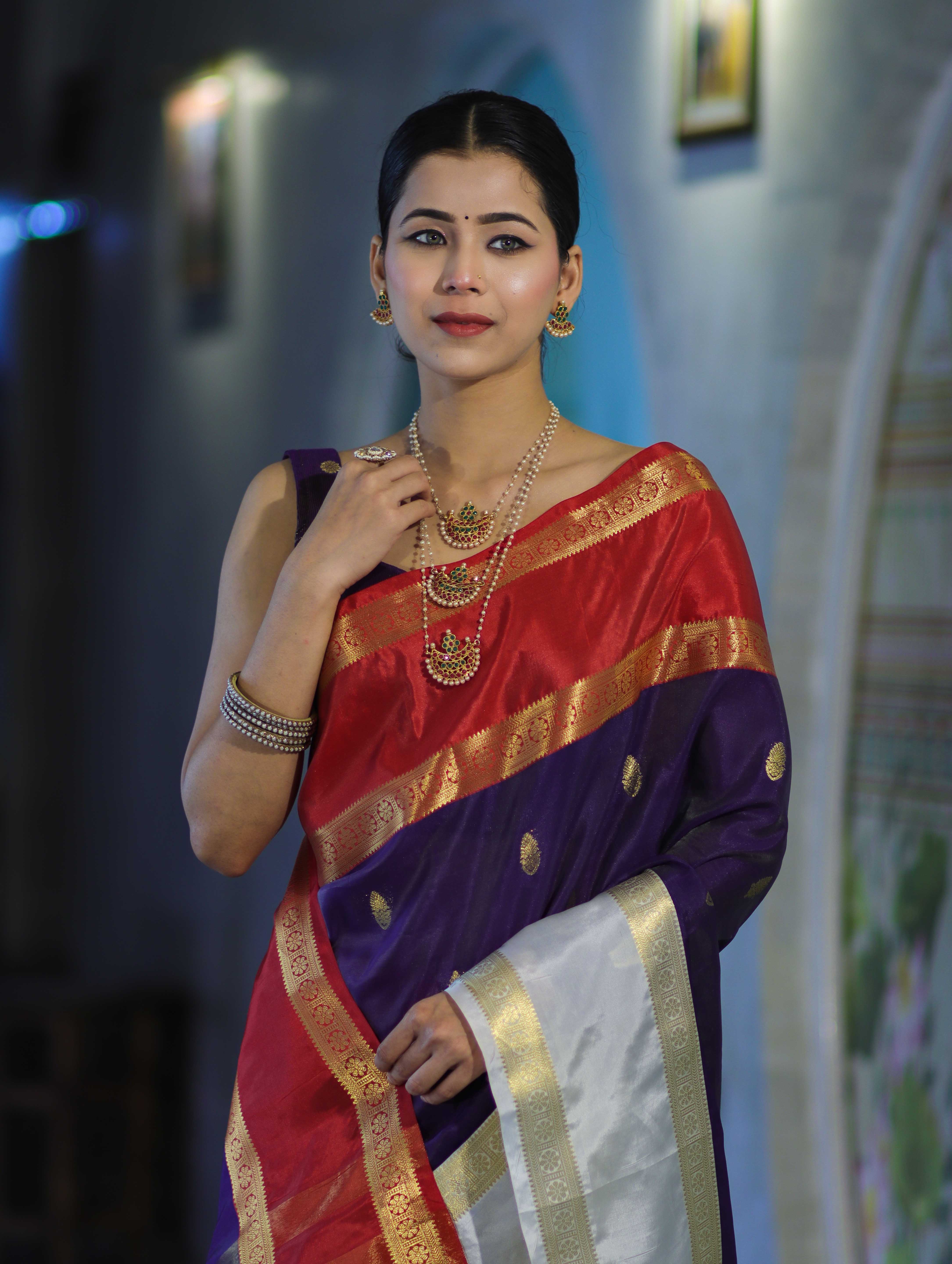 Banarasee Handloom Semi Silk Saree With Zari Buti Design & Contrast Border-Purple & White