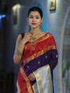 Banarasee Handloom Semi Silk Saree With Zari Buti Design & Contrast Border-Purple & White
