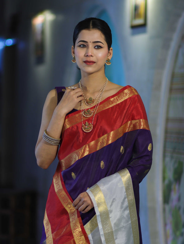 Banarasee Handloom Semi Silk Saree With Zari Buti Design & Contrast Border-Purple & White