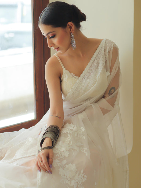 Banarasee Handwoven Organza Floral Embroidery Saree-White