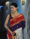 Banarasee Handloom Semi Silk Saree With Zari Buti Design & Contrast Border-Purple & White