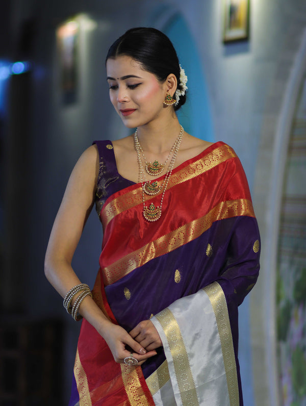 Banarasee Handloom Semi Silk Saree With Zari Buti Design & Contrast Border-Purple & White
