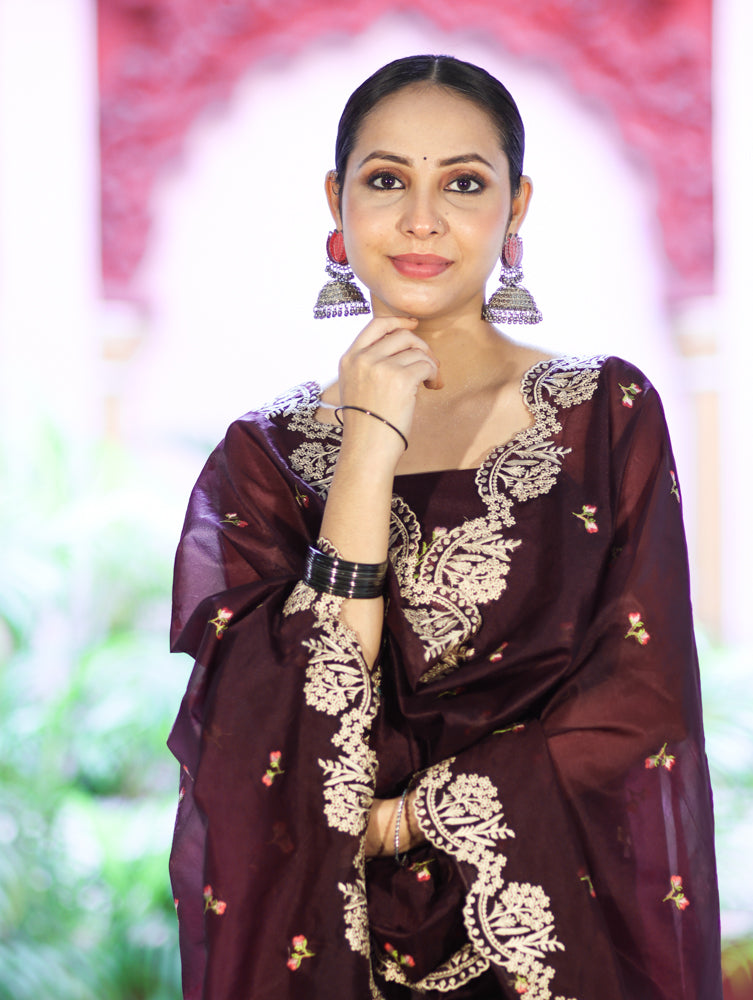 Banarasee Resham Embroidered Chanderi Salwar Kameez With Organza Dupatta Set-Wine