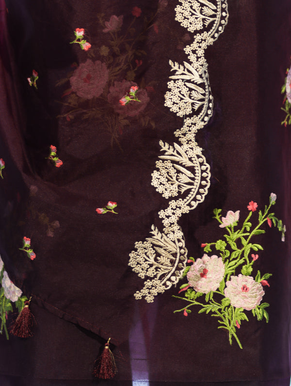 Banarasee Resham Embroidered Chanderi Salwar Kameez With Organza Dupatta Set-Wine