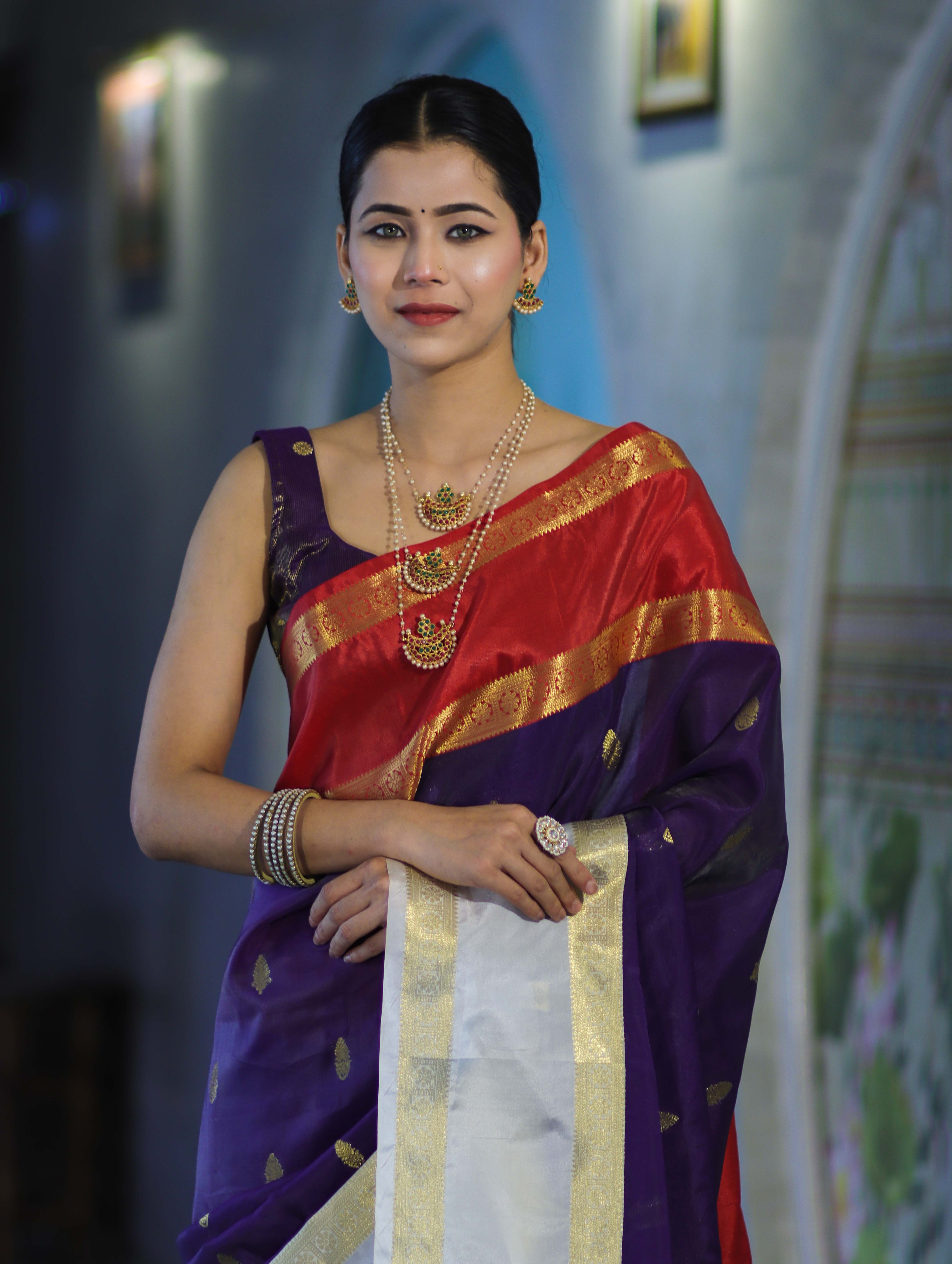 Banarasee Handloom Semi Silk Saree With Zari Buti Design & Contrast Border-Purple & White
