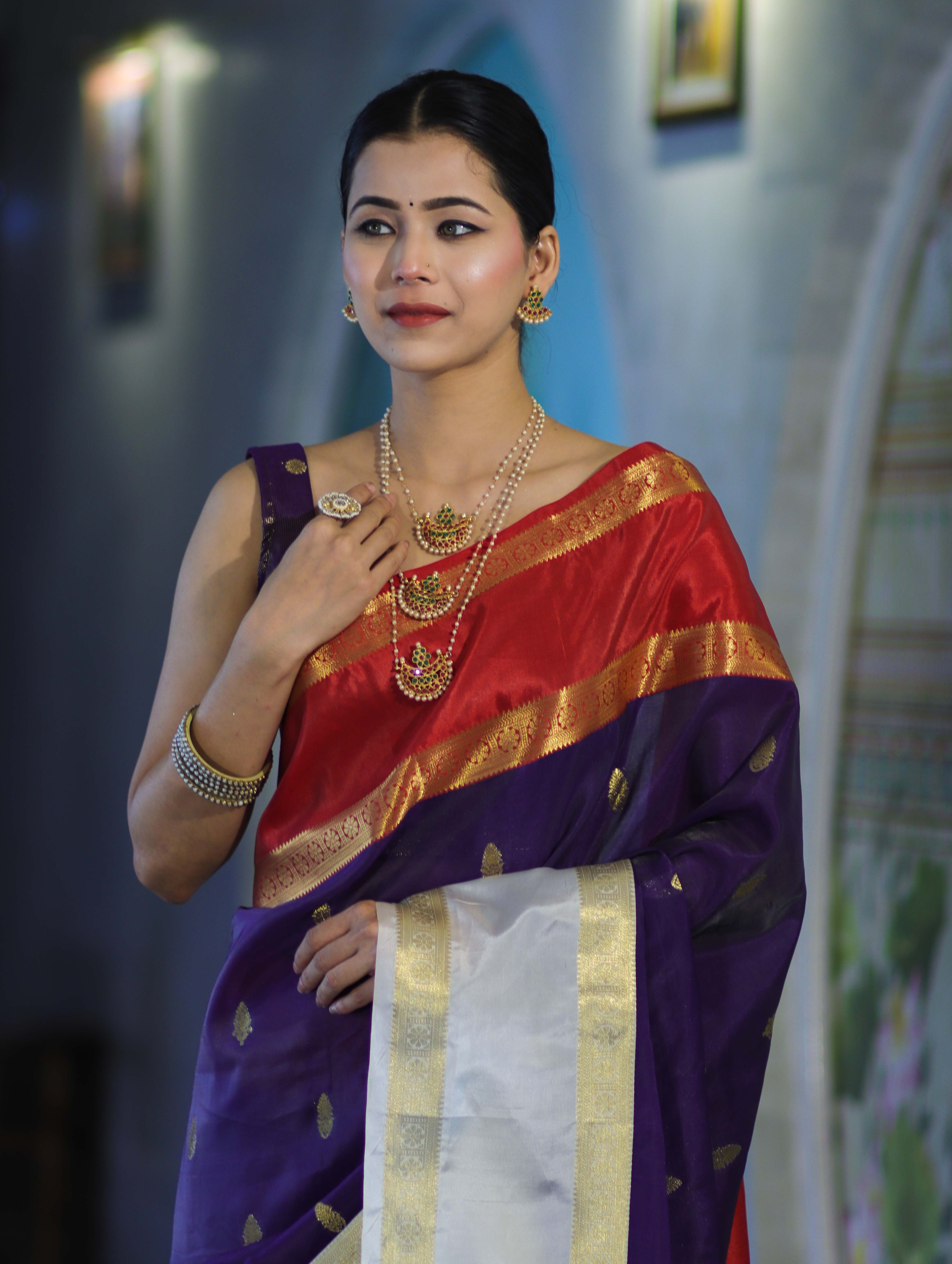 Banarasee Handloom Semi Silk Saree With Zari Buti Design & Contrast Border-Purple & White