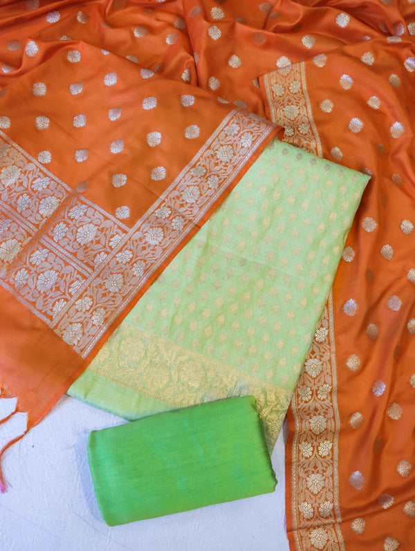 Banarasee Semi-Silk Zari Buti Work Salwar Kameez Fabric With Contrast Dupatta Set-Lime Green & Orange