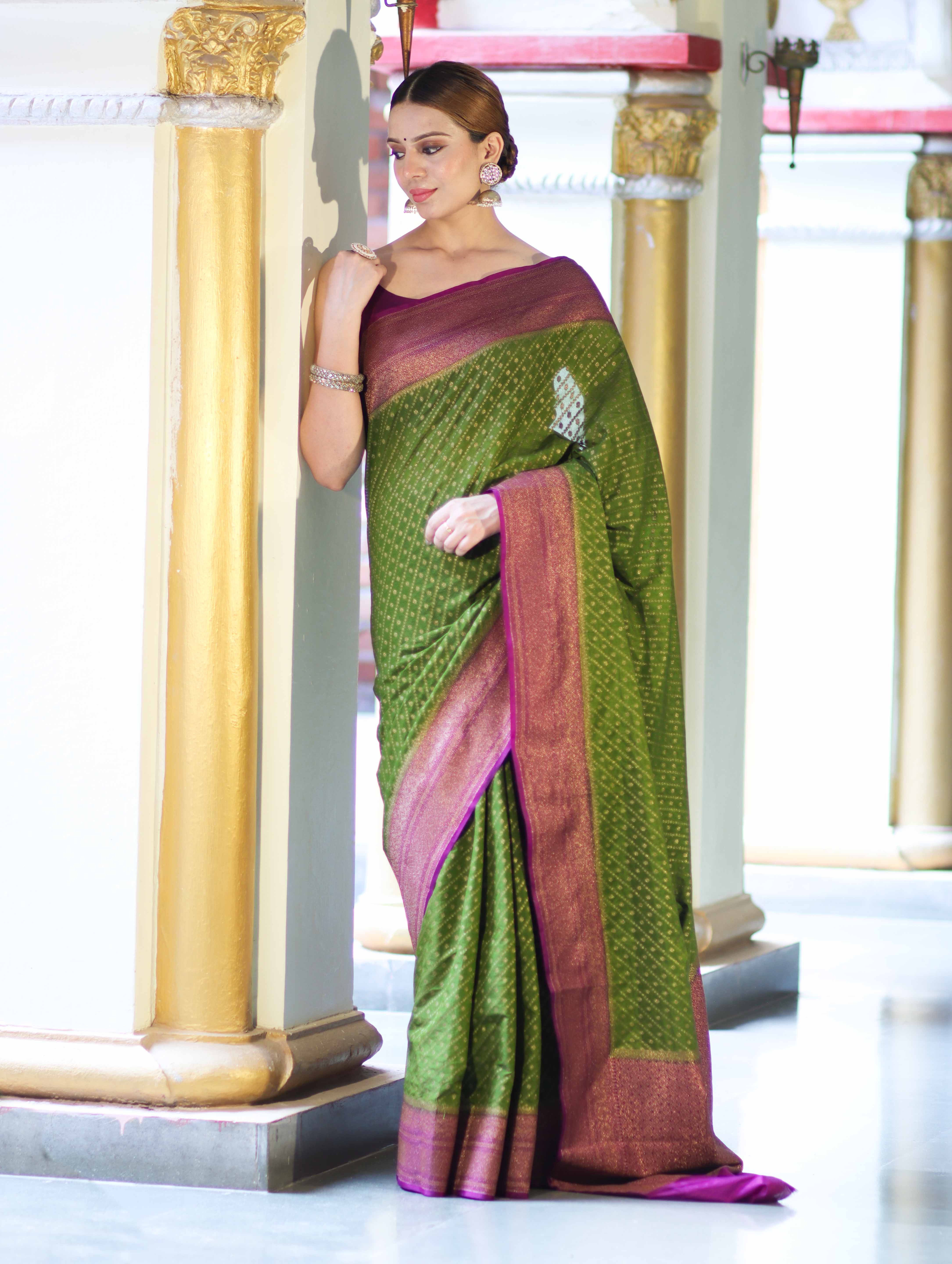 Banarasee Handwoven Georgette Saree With Antique Zari Work & Contrast Border-Green & Magenta