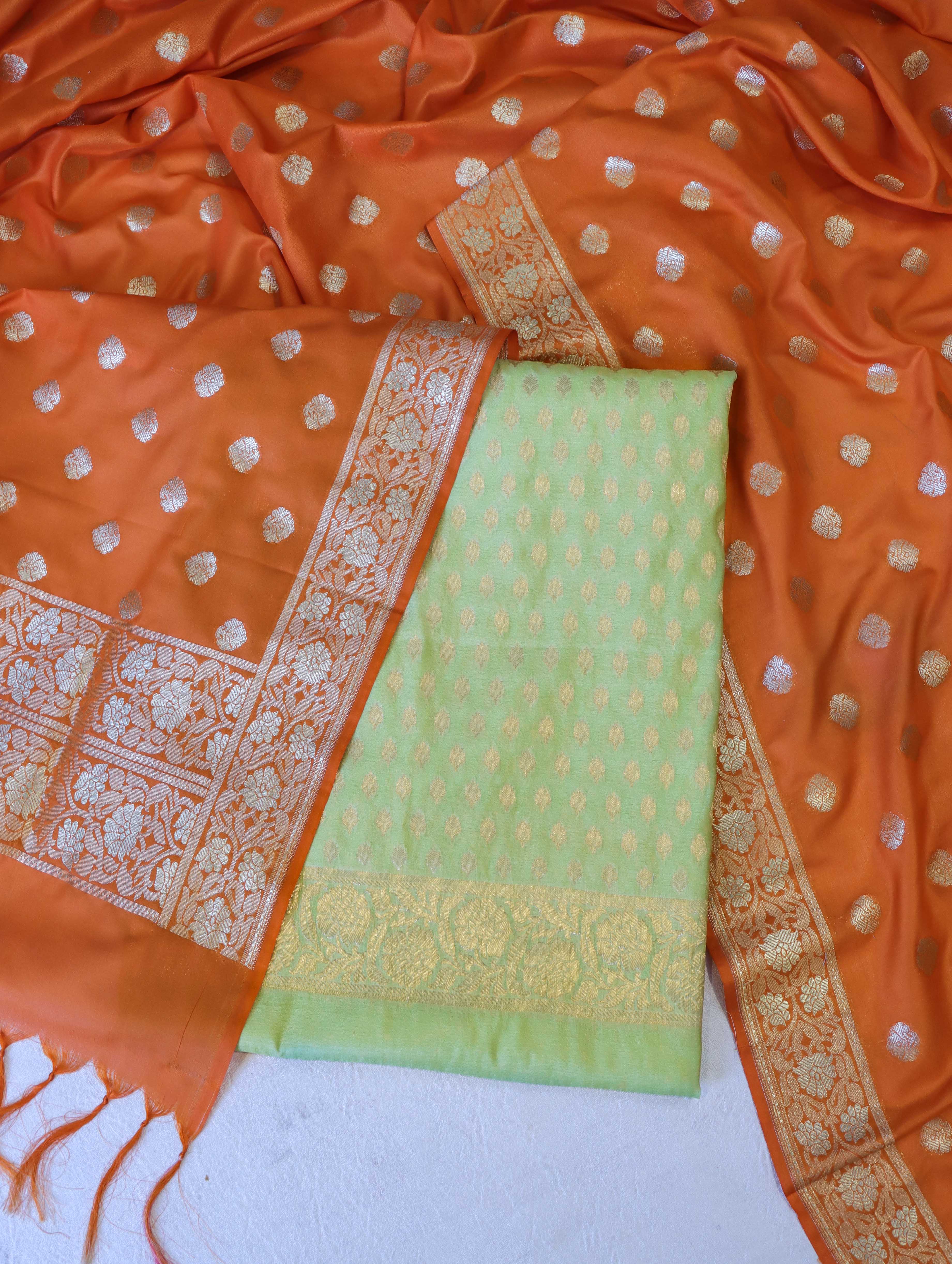 Banarasee Semi-Silk Zari Buti Work Salwar Kameez Fabric With Contrast Dupatta Set-Lime Green & Orange