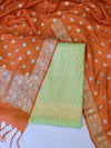 Banarasee Semi-Silk Zari Buti Work Salwar Kameez Fabric With Contrast Dupatta Set-Lime Green & Orange