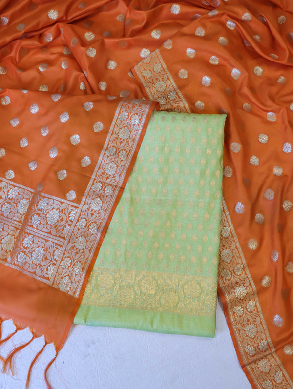 Banarasee Semi-Silk Zari Buti Work Salwar Kameez Fabric With Contrast Dupatta Set-Lime Green & Orange