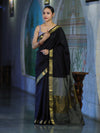 Banarasee Handloom Cotton Silk Plain Saree With Contrast Pallu & Border-Black & Grey