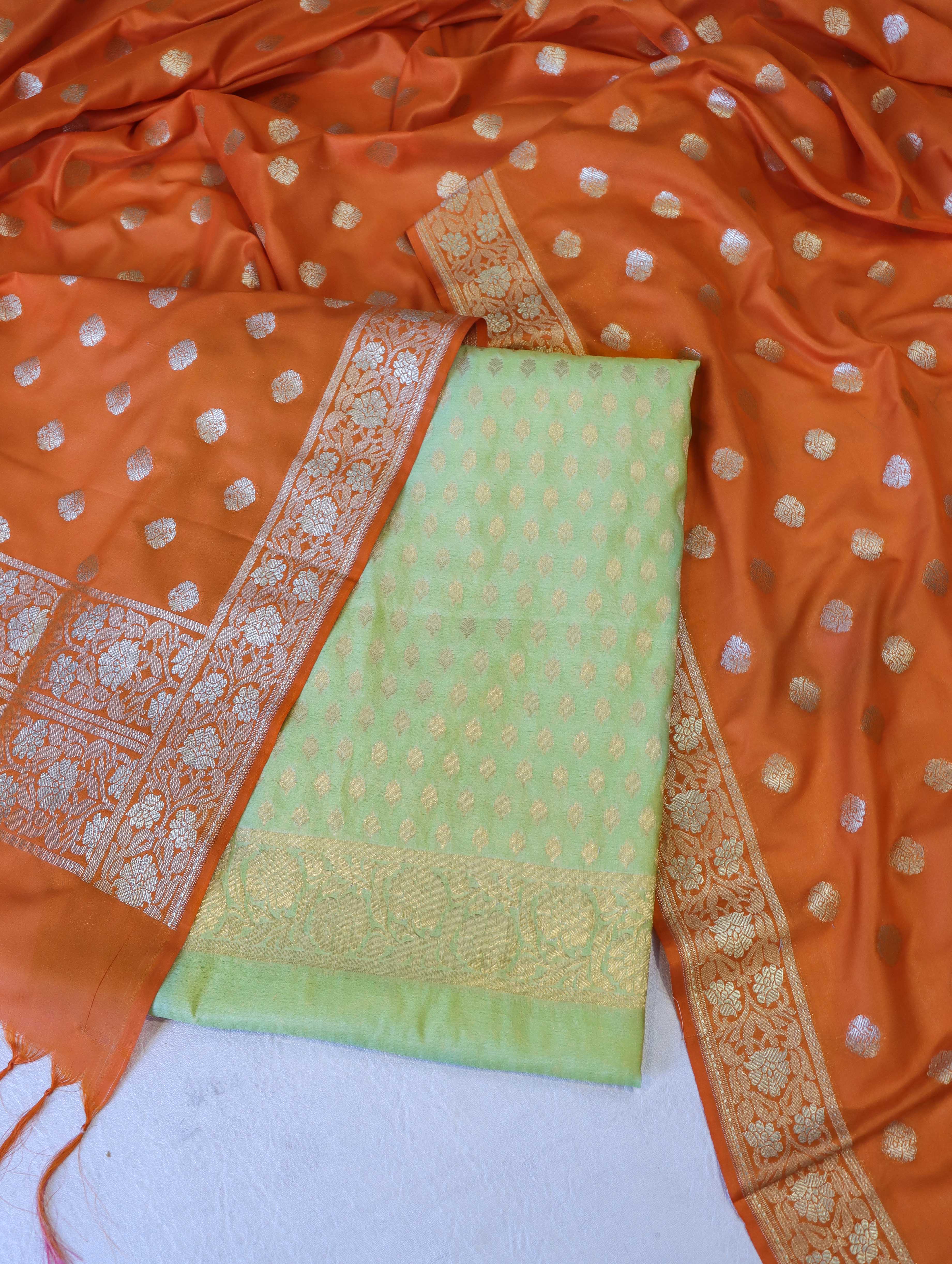 Banarasee Semi-Silk Zari Buti Work Salwar Kameez Fabric With Contrast Dupatta Set-Lime Green & Orange