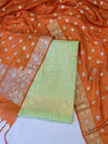 Banarasee Semi-Silk Zari Buti Work Salwar Kameez Fabric With Contrast Dupatta Set-Lime Green & Orange