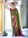 Banarasee Handwoven Georgette Saree With Antique Zari Work & Contrast Border-Green & Magenta