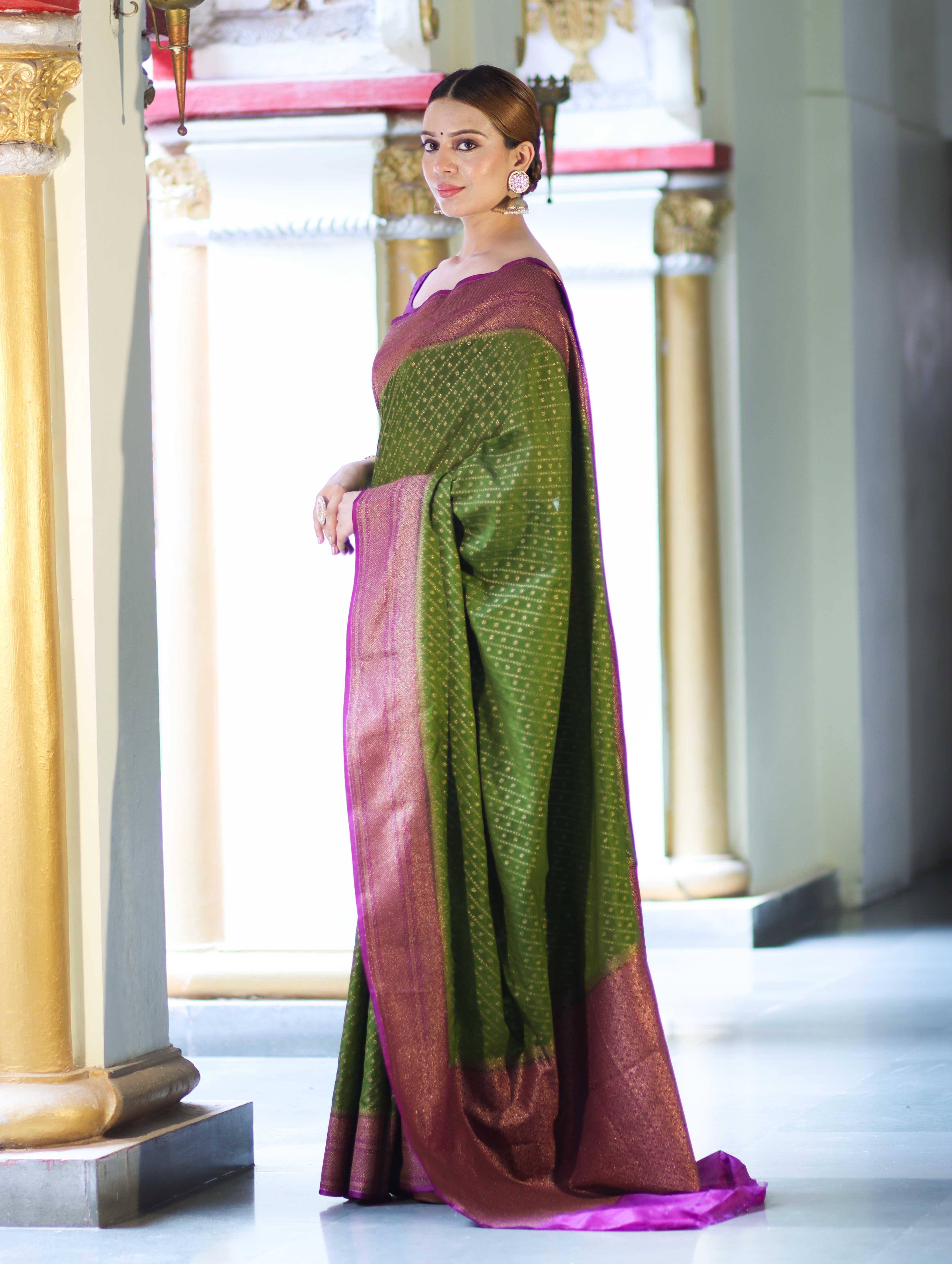 Banarasee Handwoven Georgette Saree With Antique Zari Work & Contrast Border-Green & Magenta