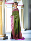 Banarasee Handwoven Georgette Saree With Antique Zari Work & Contrast Border-Green & Magenta