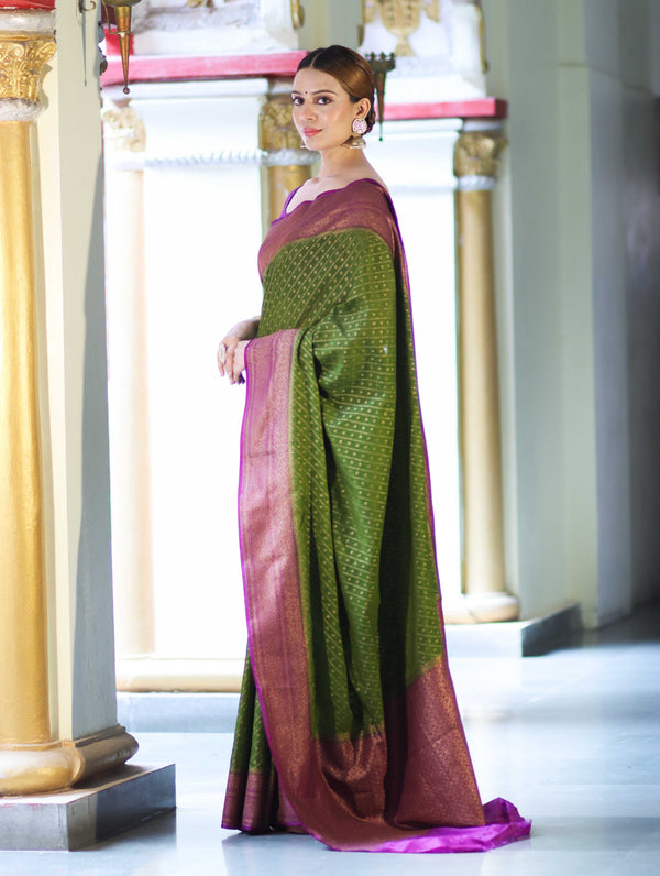 Banarasee Handwoven Georgette Saree With Antique Zari Work & Contrast Border-Green & Magenta