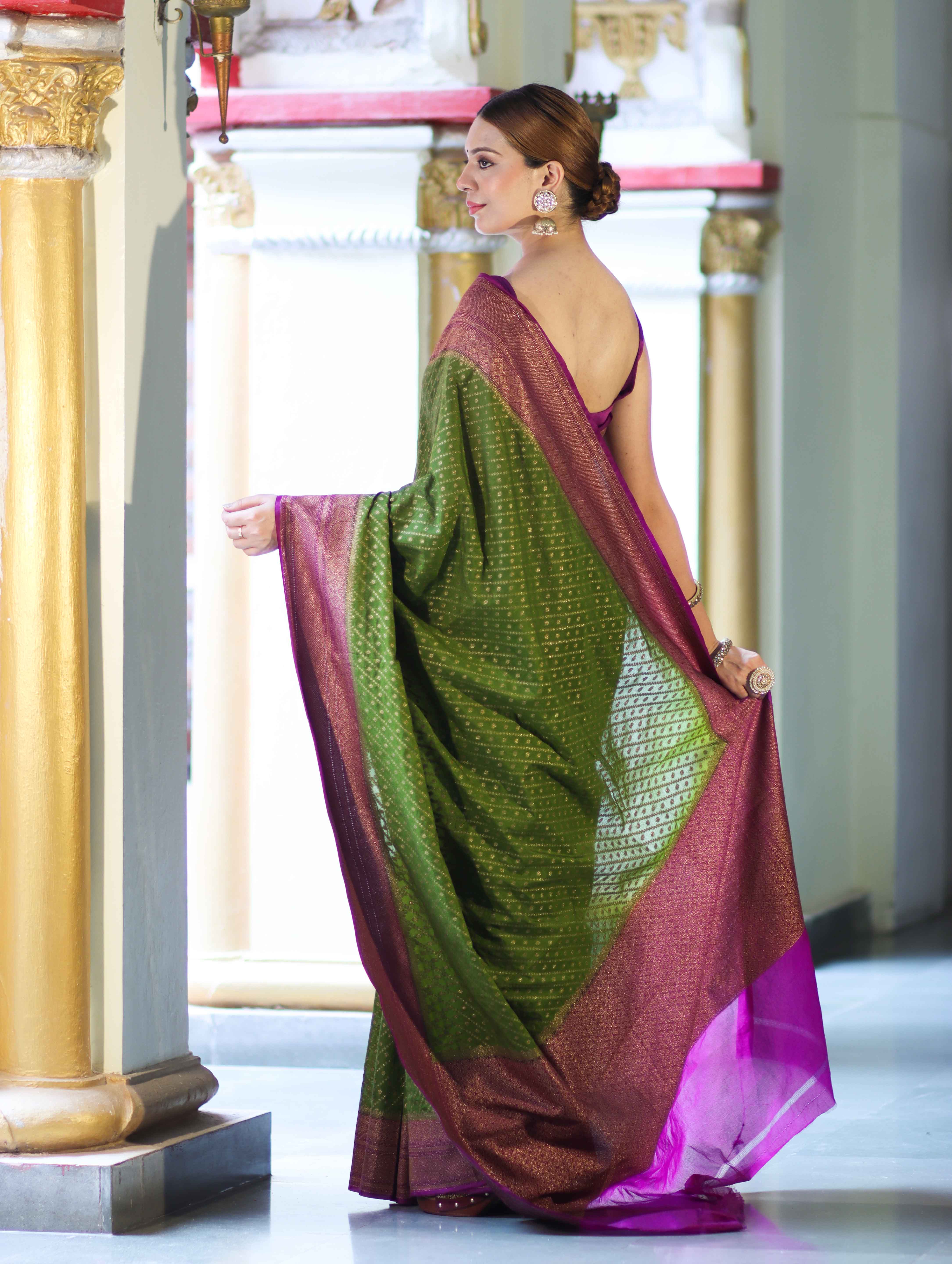 Banarasee Handwoven Georgette Saree With Antique Zari Work & Contrast Border-Green & Magenta