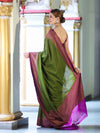 Banarasee Handwoven Georgette Saree With Antique Zari Work & Contrast Border-Green & Magenta