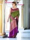 Banarasee Handwoven Georgette Saree With Antique Zari Work & Contrast Border-Green & Magenta