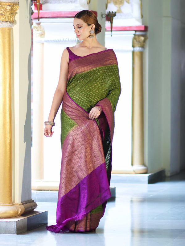 Banarasee Handwoven Georgette Saree With Antique Zari Work & Contrast Border-Green & Magenta