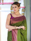 Banarasee Handwoven Georgette Saree With Antique Zari Work & Contrast Border-Green & Magenta