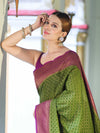 Banarasee Handwoven Georgette Saree With Antique Zari Work & Contrast Border-Green & Magenta