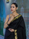 Banarasee Handloom Cotton Silk Plain Saree With Contrast Pallu & Border-Black & Grey