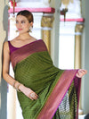 Banarasee Handwoven Georgette Saree With Antique Zari Work & Contrast Border-Green & Magenta