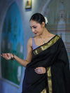 Banarasee Handloom Cotton Silk Plain Saree With Contrast Pallu & Border-Black & Grey