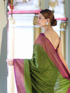 Banarasee Handwoven Georgette Saree With Antique Zari Work & Contrast Border-Green & Magenta