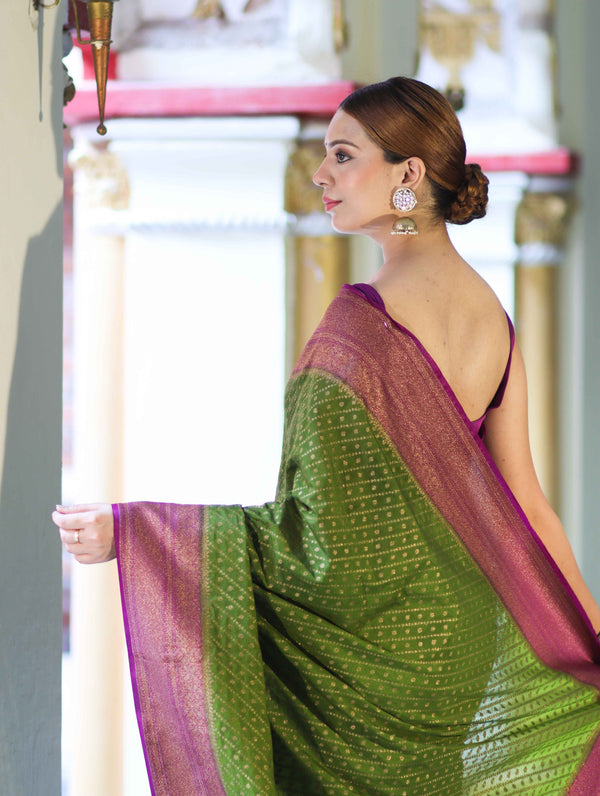 Banarasee Handwoven Georgette Saree With Antique Zari Work & Contrast Border-Green & Magenta
