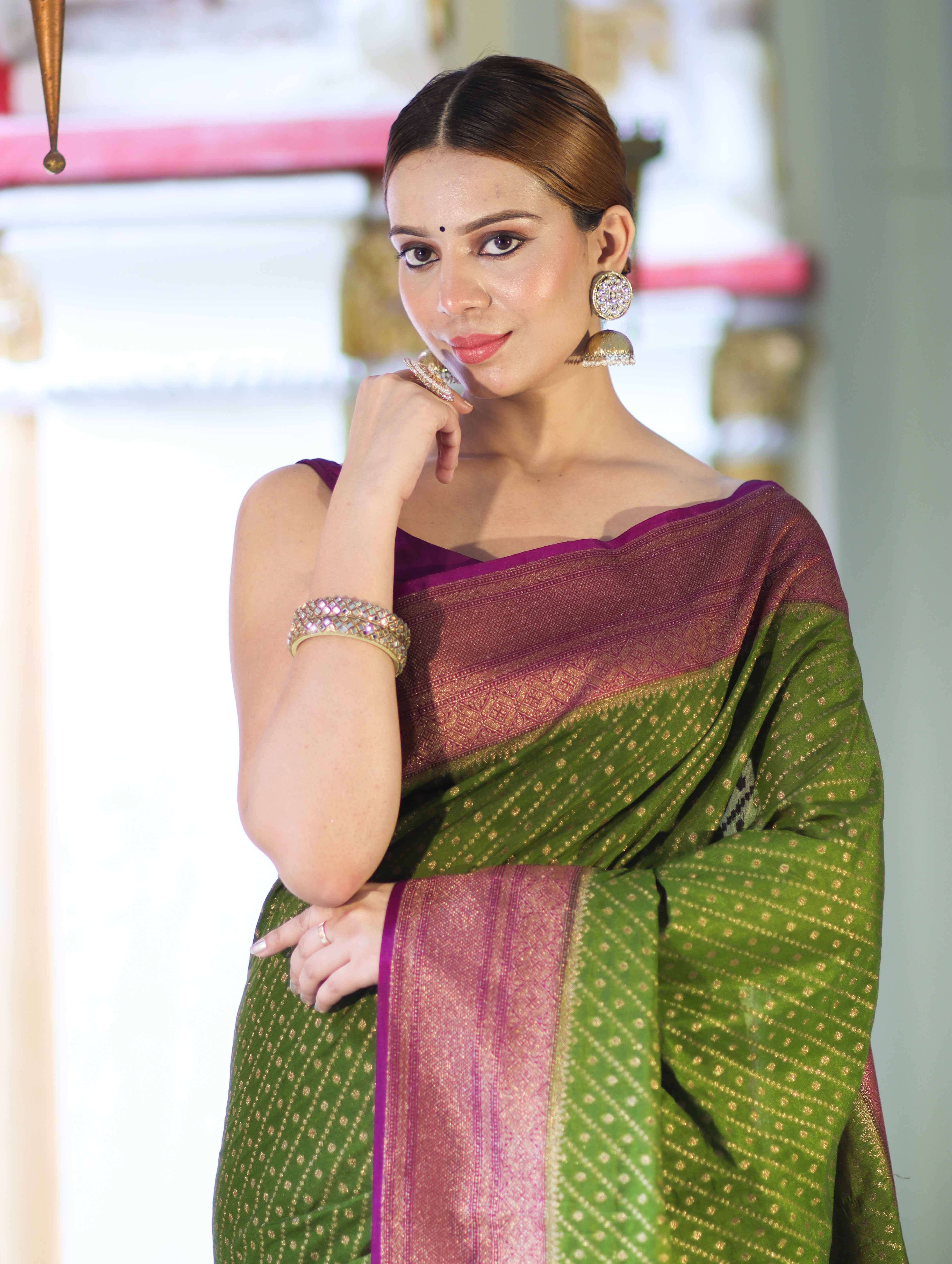 Banarasee Handwoven Georgette Saree With Antique Zari Work & Contrast Border-Green & Magenta