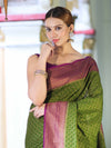 Banarasee Handwoven Georgette Saree With Antique Zari Work & Contrast Border-Green & Magenta