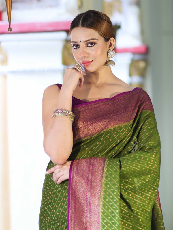 Banarasee Handwoven Georgette Saree With Antique Zari Work & Contrast Border-Green & Magenta