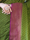 Banarasee Handwoven Georgette Saree With Antique Zari Work & Contrast Border-Green & Magenta