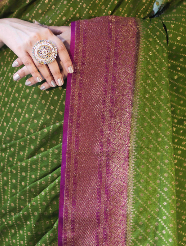 Banarasee Handwoven Georgette Saree With Antique Zari Work & Contrast Border-Green & Magenta