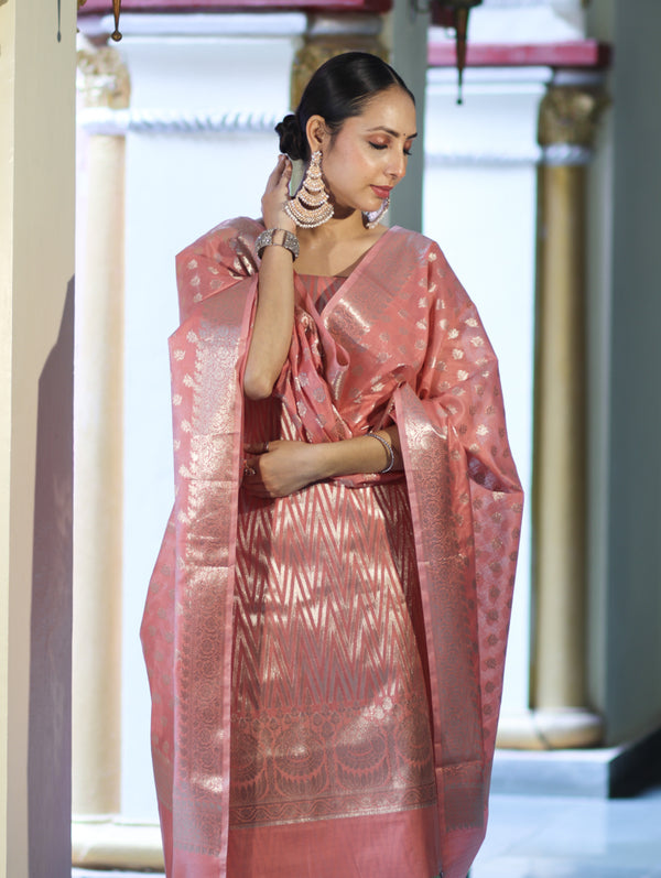 Banarasee Cotton Silk Zari Work Salwar Kameez Fabric With Dupatta Set-Peach