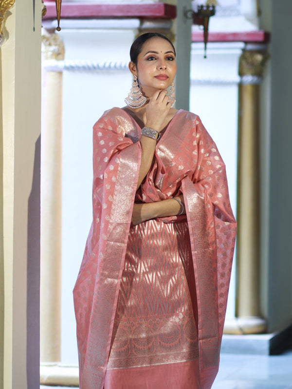 Banarasee Cotton Silk Zari Work Salwar Kameez Fabric With Dupatta Set-Peach