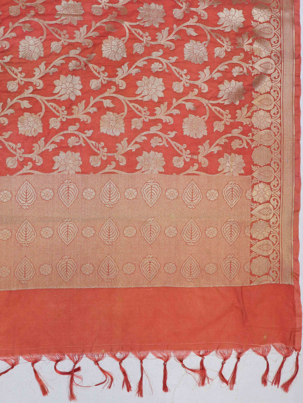 Banarasee Brocade Salwar Kameez Fabric With Jaal Design Dupatta-Steel Blue & Rust