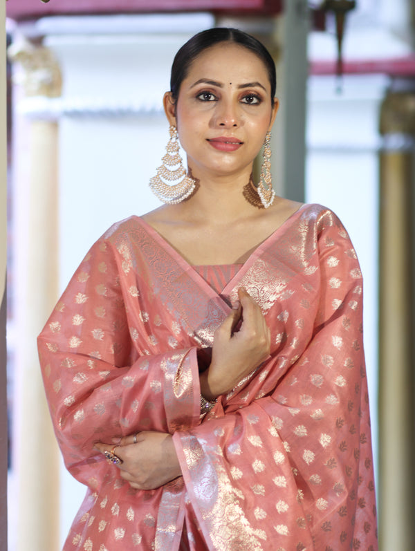 Banarasee Cotton Silk Zari Work Salwar Kameez Fabric With Dupatta Set-Peach